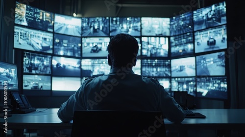 Security officer monitoring multiple cameras in a control room photo