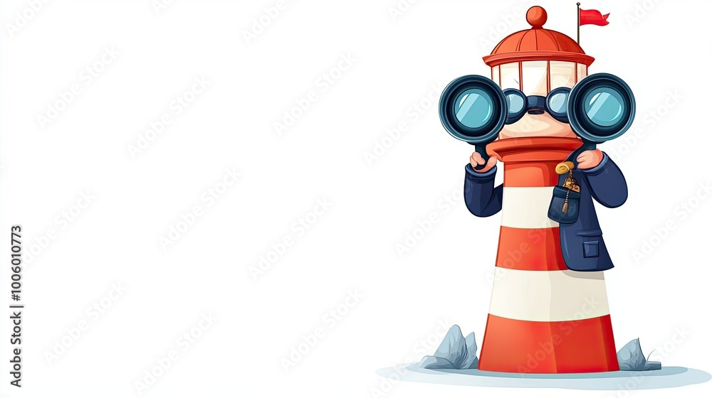 Cartoon Lighthouse Character Holding Binoculars Cartoon Lighthouse Character Holding Binoculars