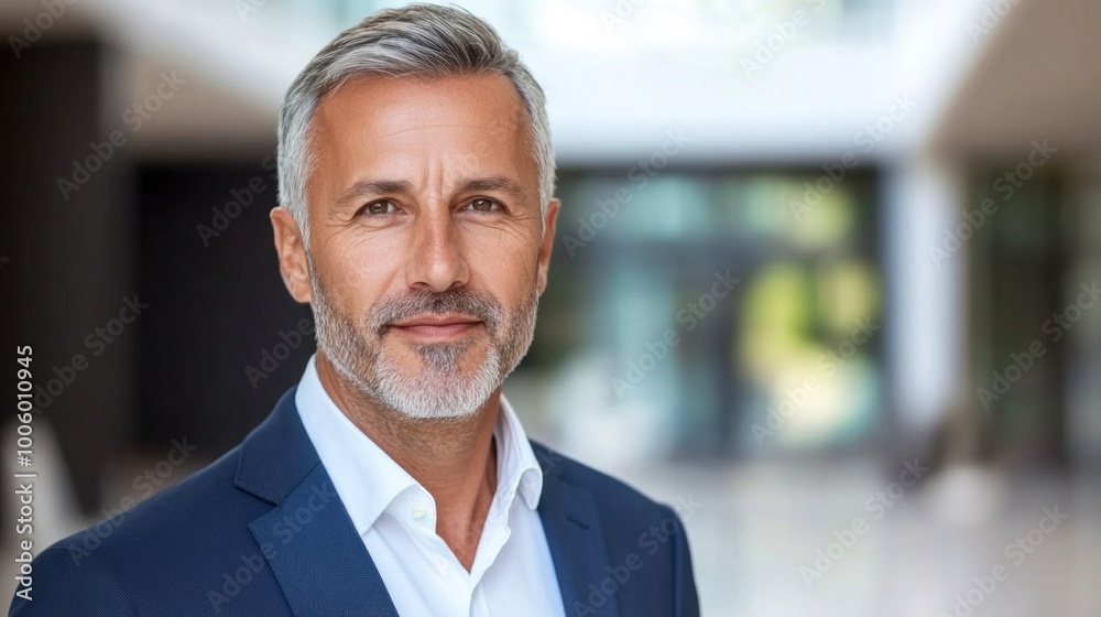 A well-groomed middle-aged man smiles confidently while dressed in a tailored suit, surrounded by modern architecture in a bright, open space A well-groomed middle-aged man smiles confidently while dressed in a tailored suit, surrounded by modern architecture in a bright, open space