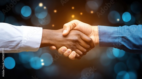 A close-up view of two hands shaking, signifying collaboration and mutual understanding. The background features a blurred glow that adds a warm, inviting feeling to the action photo