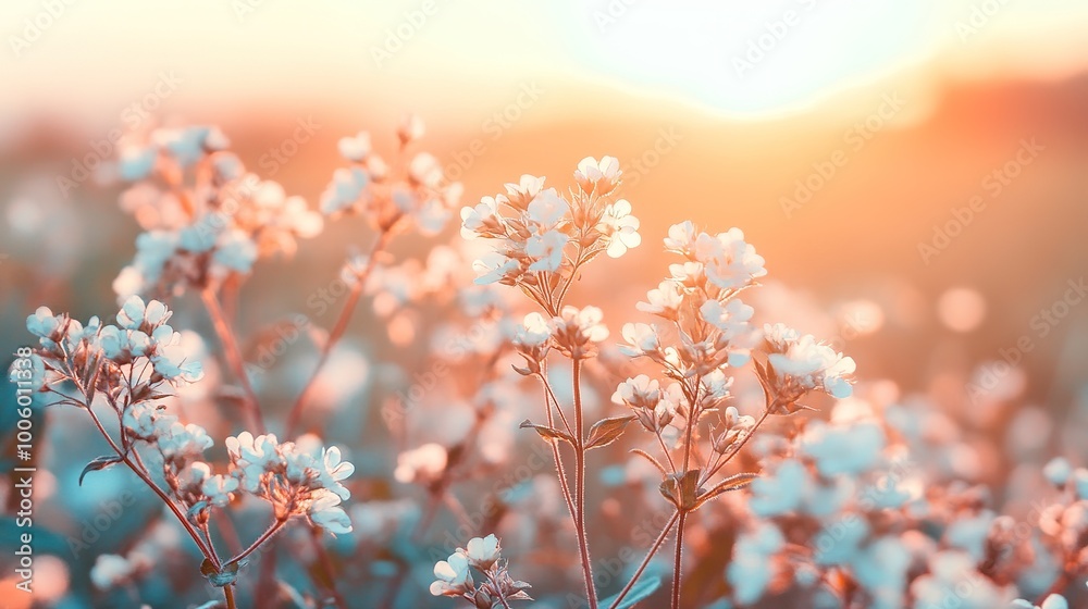 Soft Sunset Glow Over Delicate White Flowers Soft Sunset Glow Over Delicate White Flowers