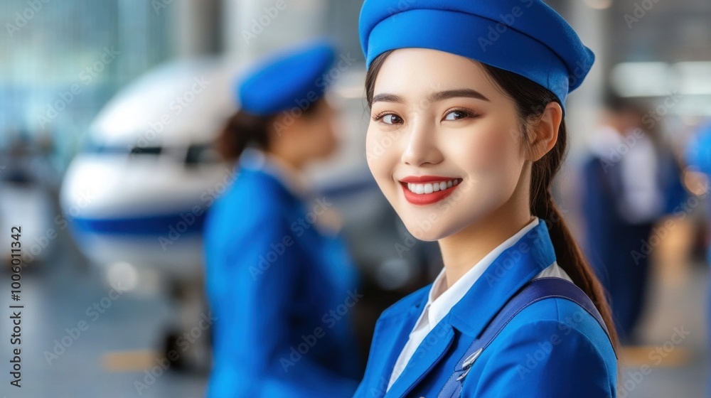 A cheerful airline crew member stands in an airport terminal, dressed in a vibrant blue uniform. Her genuine smile reflects excitement as she prepares for the upcoming flight
