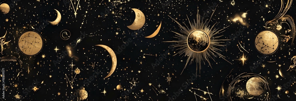 A black background with various celestial symbols, such as suns and moons A black background with various celestial symbols, such as suns and moons