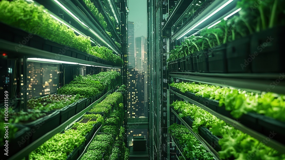 Urban vertical farming setup showcasing vibrant greens and innovative technology for sustainable agriculture.