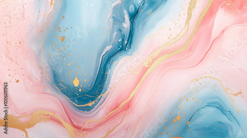 Abstract pink and blue marble liquid texture with gold splashes, luxury background 