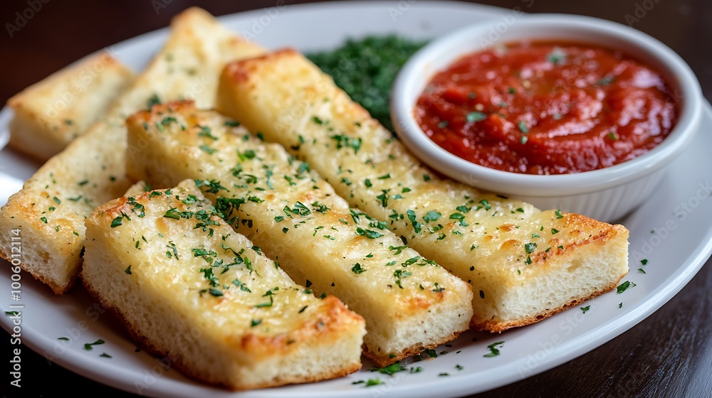 A plate of cheesy garlic breadsticks with a side of marinara sauce A plate of cheesy garlic breadsticks with a side of marinara sauce