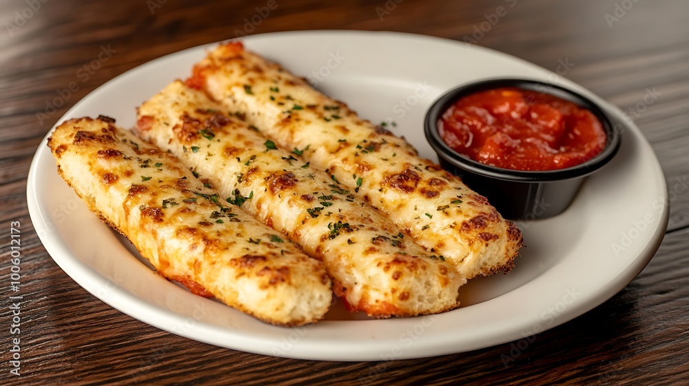A plate of cheesy garlic breadsticks with a side of marinara sauce A plate of cheesy garlic breadsticks with a side of marinara sauce