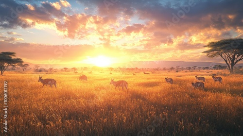 A wide shot of antelopes grazing on the savannah, with the sun low in the sky and the grasses glowing in the soft evening light.