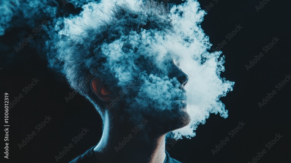 A silhouette of a young man is partially obscured by swirling blue smoke, creating an ethereal atmosphere in a dark setting during an artistic photography session A silhouette of a young man is partially obscured by swirling blue smoke, creating an ethereal atmosphere in a dark setting during an artistic photography session