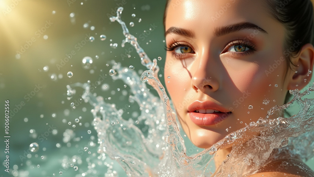 Beautiful young woman with fresh skin and water splashes, close-up portrait in beauty industry Beautiful young woman with fresh skin and water splashes, close-up portrait in beauty industry