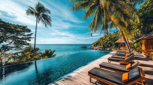A wide-angle shot of a luxurious beach resort with sun loungers, palm trees, and an infinity pool overlooking the ocean.