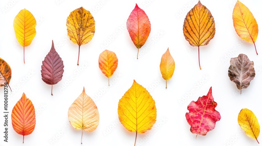 A variety of autumn leaves in colors ranging from deep reds to bright yellows are carefully arranged in different shapes on a white background, highlighting the beauty of fall foliage A variety of autumn leaves in colors ranging from deep reds to bright yellows are carefully arranged in different shapes on a white background, highlighting the beauty of fall foliage
