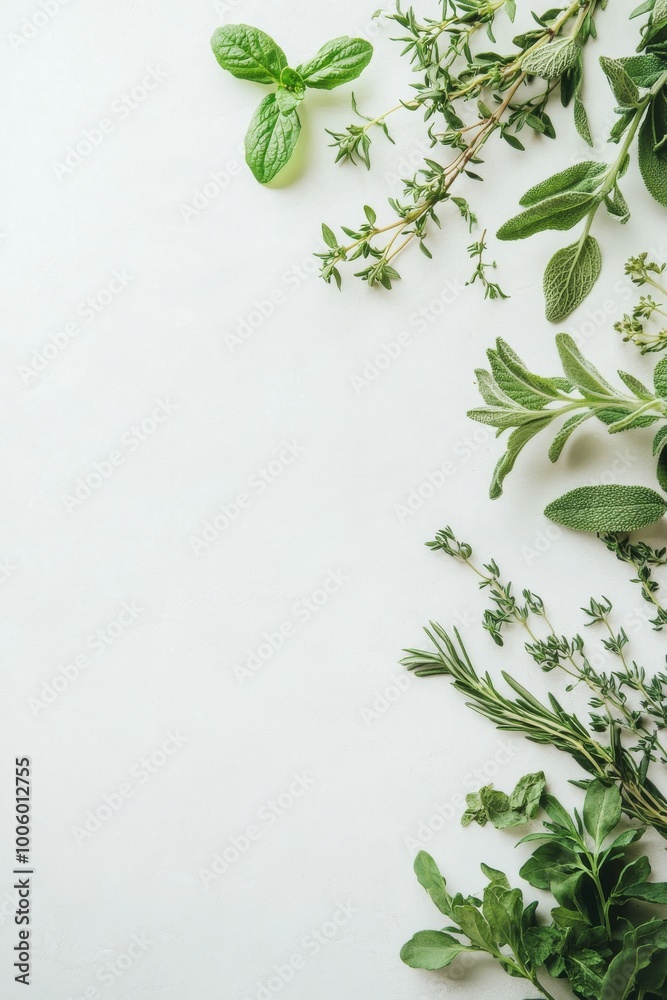 A white background with a variety of green herbs and plants A white background with a variety of green herbs and plants