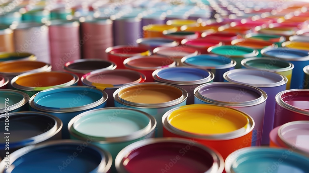 A vast array of colorful paint cans arranged in rows A vast array of colorful paint cans arranged in rows