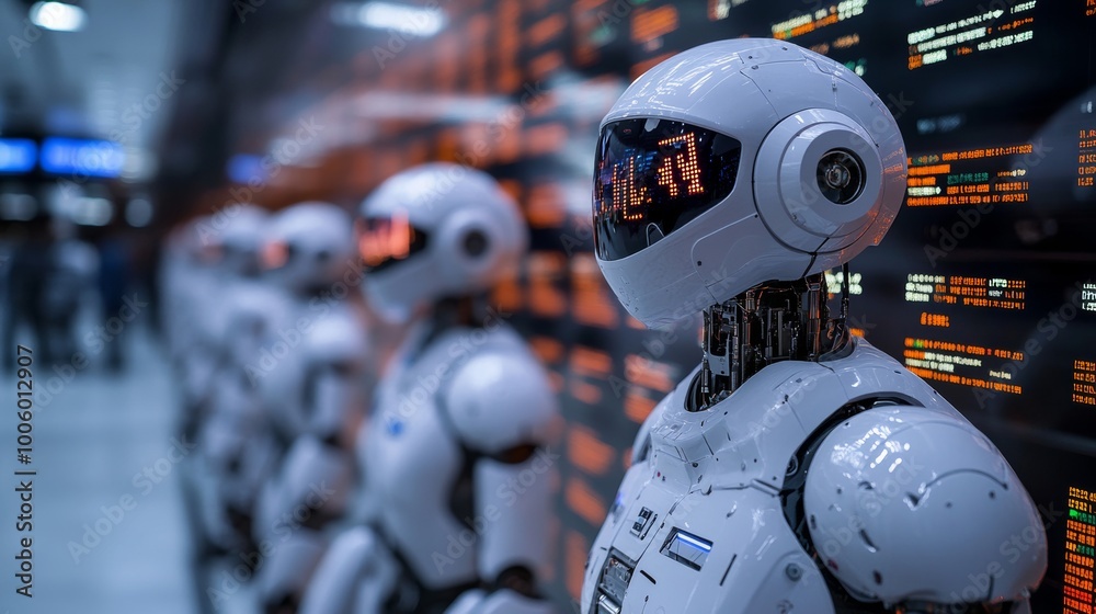 Futuristic AI Robots in Line Technology Concept Digital Display Data Center Innovation Futuristic AI Robots in Line Technology Concept Digital Display Data Center Innovation