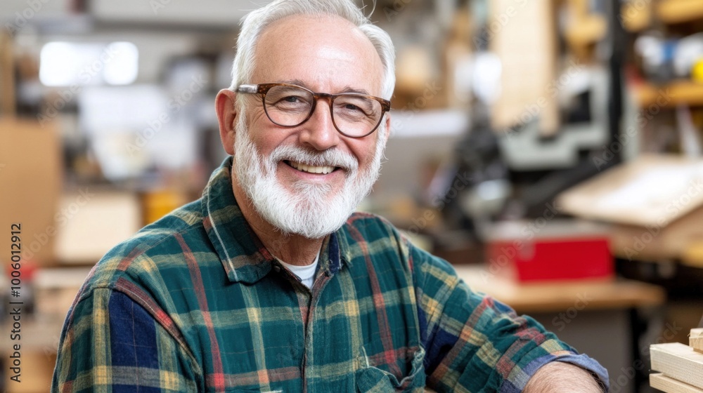 Fototapeta premium An elderly man with a gray beard and glasses sits in his woodworking shop, smiling proudly