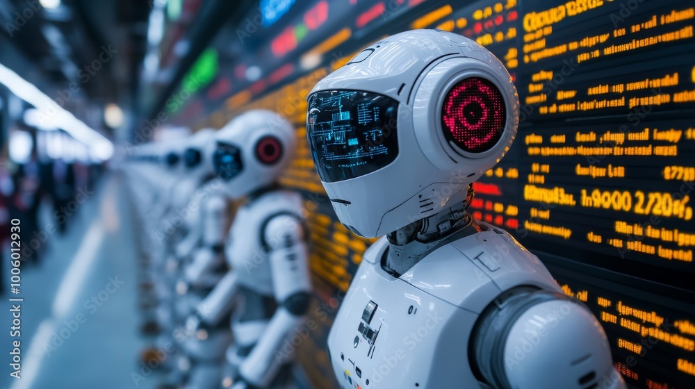 Futuristic Robots in Line with Data Screen Technology AI Concept Futuristic Robots in Line with Data Screen Technology AI Concept