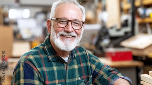 An elderly man with a gray beard and glasses sits in his woodworking shop, smiling proudly