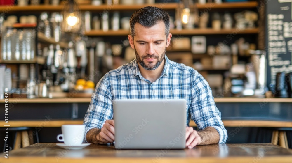 A man sits at a wooden table in a cafГ©, focused on his laptop while sipping coffee. The warm atmosphere features shelves filled with beverages and pastries in the background