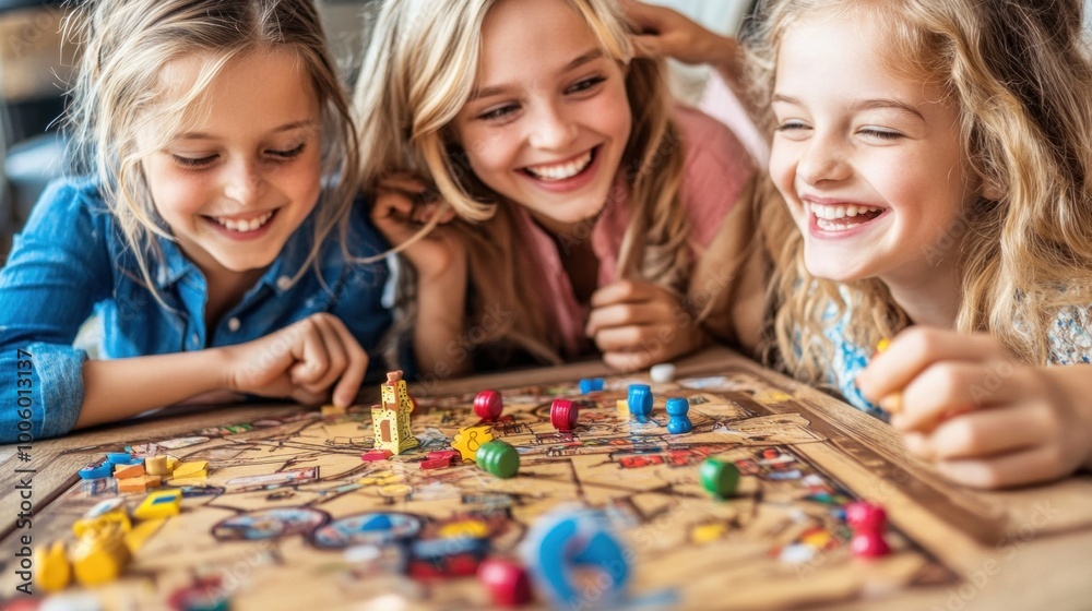 Fototapeta premium With smiles and laughter, three young girls gather around a vibrant board game at home, engrossed in friendly competition during a bright afternoon