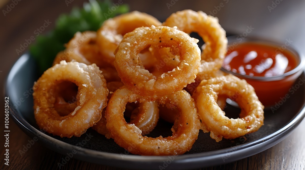 A plate of crispy calamari rings with a side of marinara sauce A plate of crispy calamari rings with a side of marinara sauce