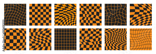 Halloween checkered patterns. Psychedelic Checkerboard. Groovy orange backgrounds. Hippie backdrop. Y2k aesthetic. Retro vector illustration. Set of postcards in trendy 70s cartoon style.