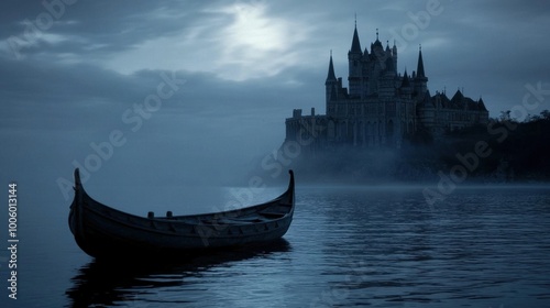 A tranquil boat drifts on still waters, with a majestic castle looming in the background, partially enveloped in mist as twilight descends, creating an enchanting atmosphere photo