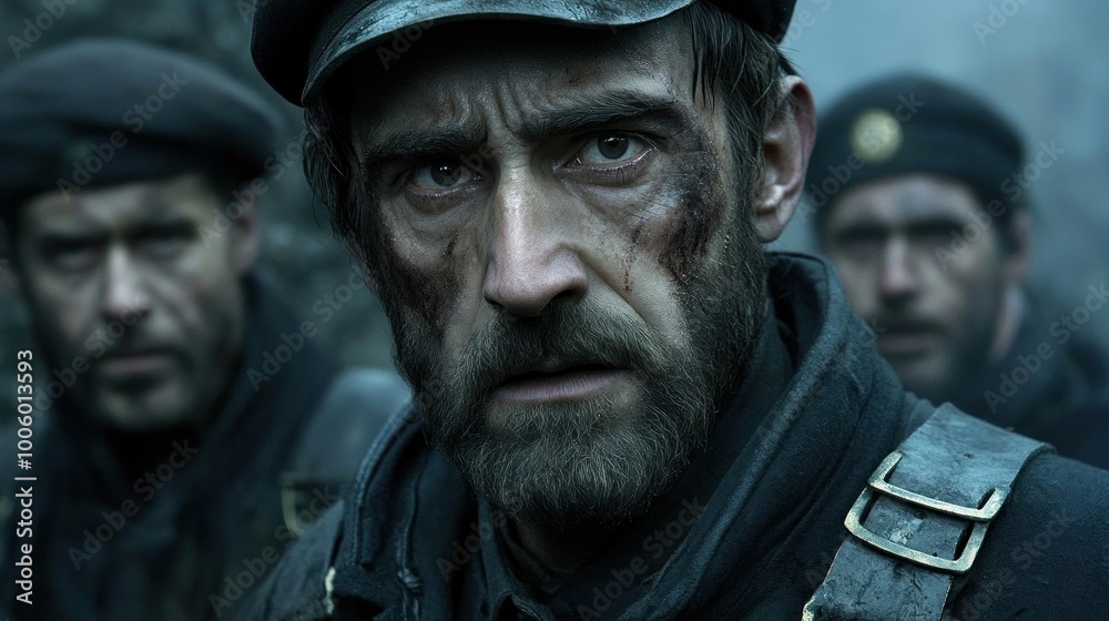Three soldiers with intense expressions navigate a foggy forest, embodying the tension and despair of war in a historical setting, highlighting their rugged appearance and determined gaze Three soldiers with intense expressions navigate a foggy forest, embodying the tension and despair of war in a historical setting, highlighting their rugged appearance and determined gaze