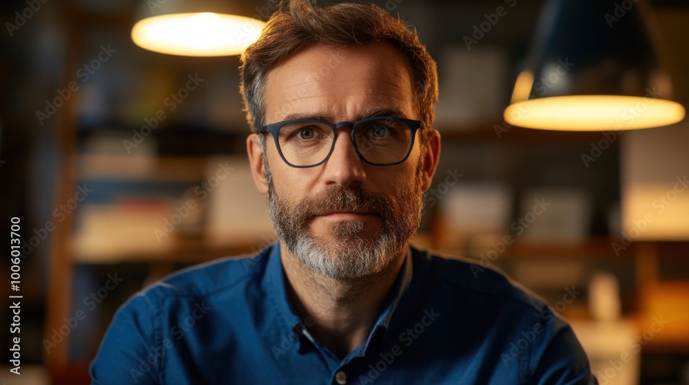 A man with glasses and a beard sits attentively at his desk, surrounded by books and papers, while warm lamp light creates a comfortable atmosphere in the evening A man with glasses and a beard sits attentively at his desk, surrounded by books and papers, while warm lamp light creates a comfortable atmosphere in the evening