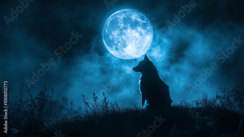 Wolf Silhouette Under Full Moon Night Sky with Clouds