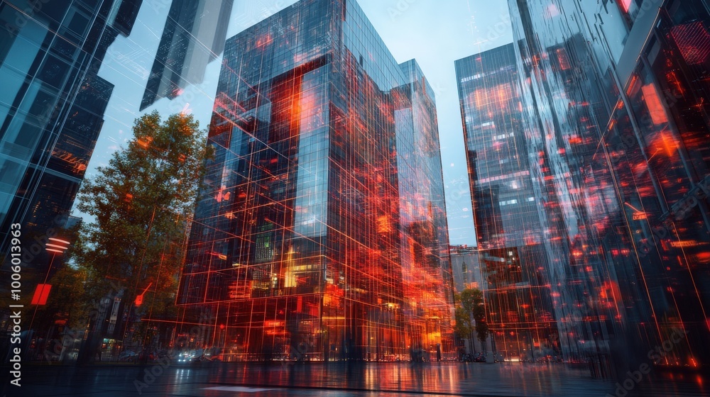 A dynamic shot of a smart building using sensors and AI to optimize energy usage A dynamic shot of a smart building using sensors and AI to optimize energy usage