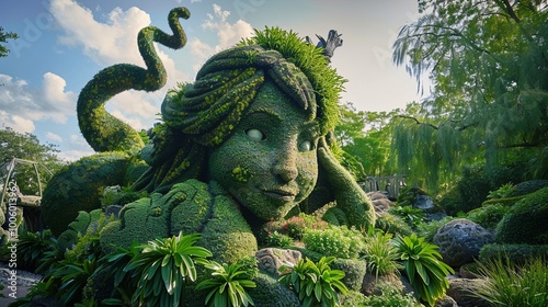 A whimsical topiary garden filled with fantastical shapes and creatures sculpted from lush green foliage