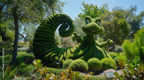 A whimsical topiary garden filled with fantastical shapes and creatures sculpted from lush green foliage