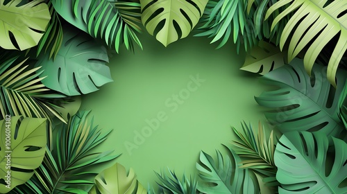 3d render, paper tropical leaves, jungle decor, monstera palm, green background, blank space for text, banner template, digital illustration. 