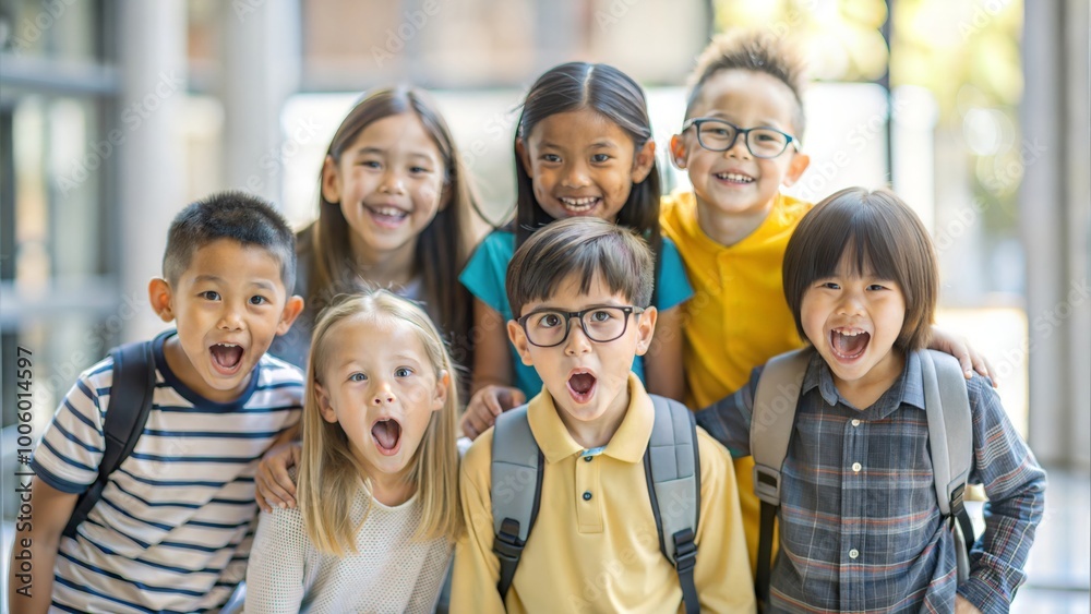 Fototapeta premium Back to school excitement. Group of primary school kids making funny faces and looking at the camera