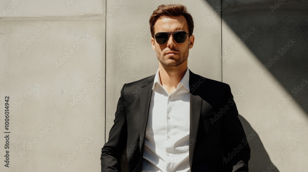 A well-dressed man stands relaxed against a textured concrete wall, wearing stylish sunglasses and a black suit. The bright daylight creates a striking contrast with the shadows A well-dressed man stands relaxed against a textured concrete wall, wearing stylish sunglasses and a black suit. The bright daylight creates a striking contrast with the shadows