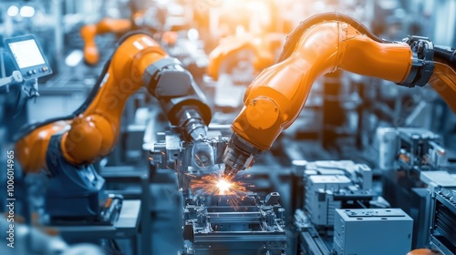 An industrial robot welding parts in an automotive factory, showcasing advanced technology in mass production.