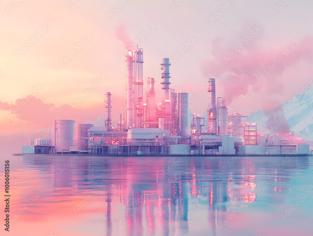 Obraz premium Pastel palette miniature oil refinery with a compact and modular design blending innovative and environmentally driven technology with harmonious nature