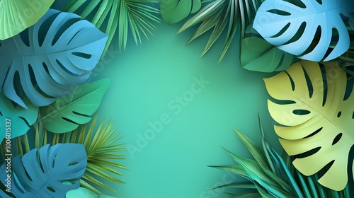 3d render, paper tropical leaves, jungle decor, monstera palm, green background, blank space for text, banner template, digital illustration. 
