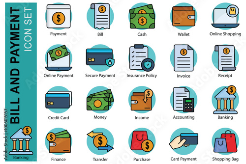Payment colored outline icon set. icon related to bill and payment. payment, bill, bash, wallet, and more. business element vector illustration