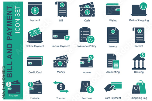 Payment solid icon set. icon related to bill and payment. payment, bill, bash, wallet, and more. business element vector illustration