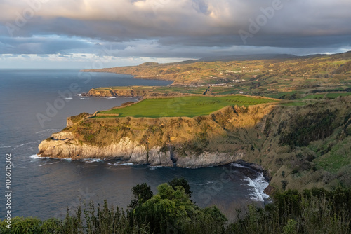 Breathtaking view of the cliff Atlantic ocean coat at sunset Azores islands Portugal