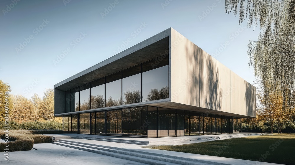 A minimalist facade design with large glass panels and smooth concrete, reflecting a sleek, contemporary style A minimalist facade design with large glass panels and smooth concrete, reflecting a sleek, contemporary style