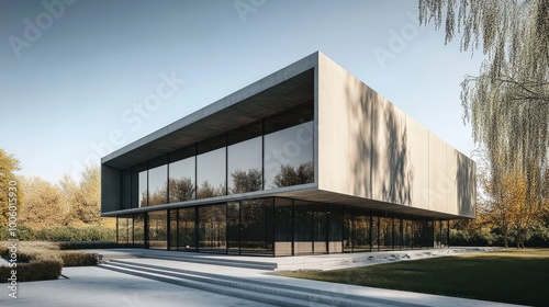 A minimalist facade design with large glass panels and smooth concrete, reflecting a sleek, contemporary style