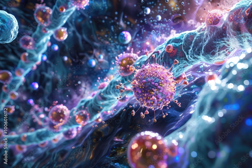 illustration of cell molecule of organism using nanomaterials in medicine under microscope