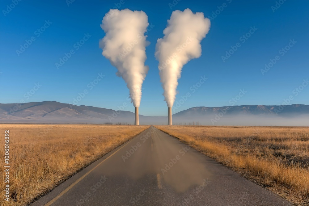 Factory towers chimneys blowing toxic fumes into the air, global warming, climate change pollution. Factory towers chimneys blowing toxic fumes into the air, global warming, climate change pollution.