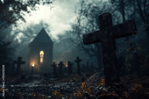 Halloween day concept. Cemetery or graveyard in the night with dark sky. Haunted cemetery. Spooky and creepy burial ground. Horror scene of graveyard. Funeral concept. Halloween day - generative ai