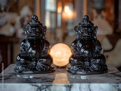 A pair of mirrored obsidian Pixiu statues mythical guardian creatures seated on a marble altar  Between them a glowing orb of light symbolizes prosperity protection and divine power photo