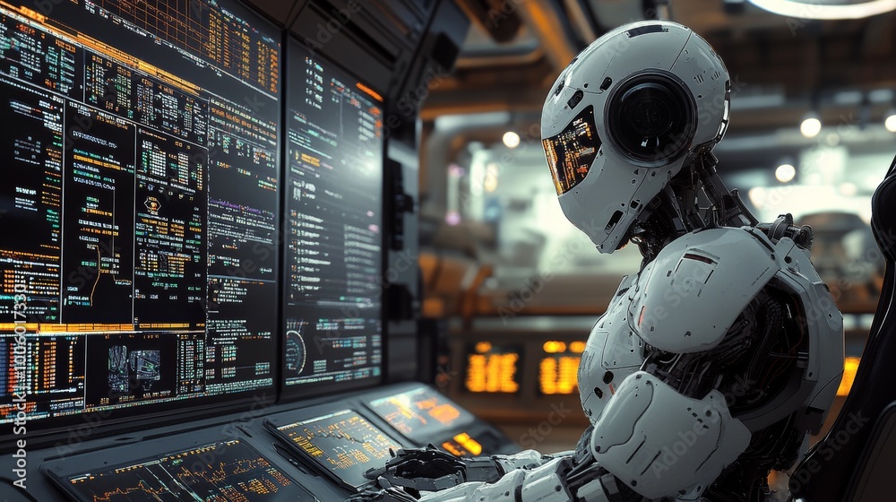 Futuristic Robot Working on a Computer with Code on the Screen Futuristic Robot Working on a Computer with Code on the Screen