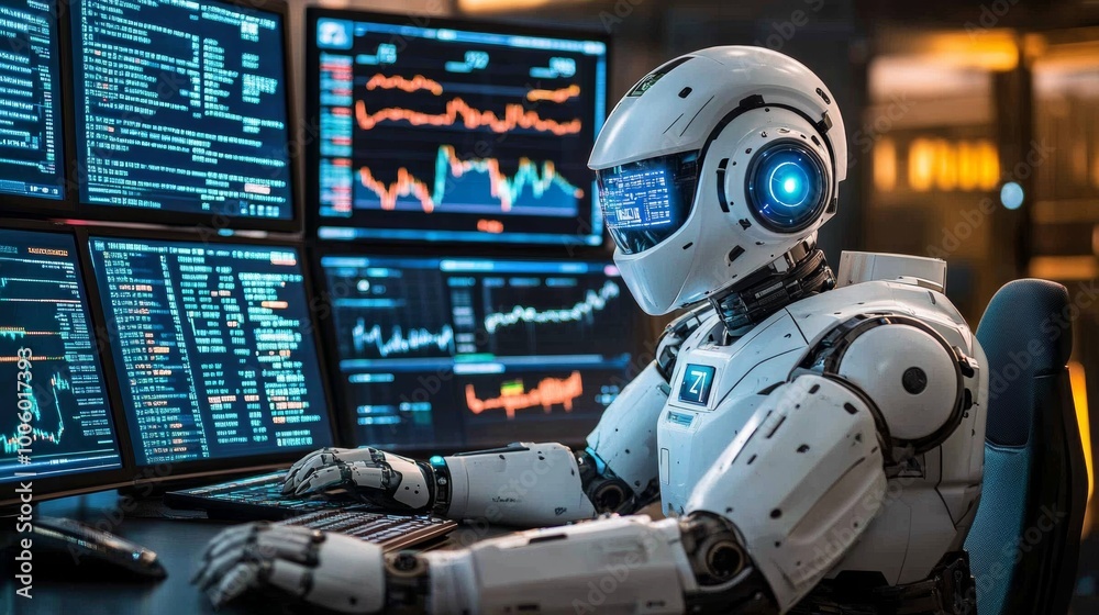 Futuristic AI Robot Working on Computer with Data and Graphs Futuristic AI Robot Working on Computer with Data and Graphs